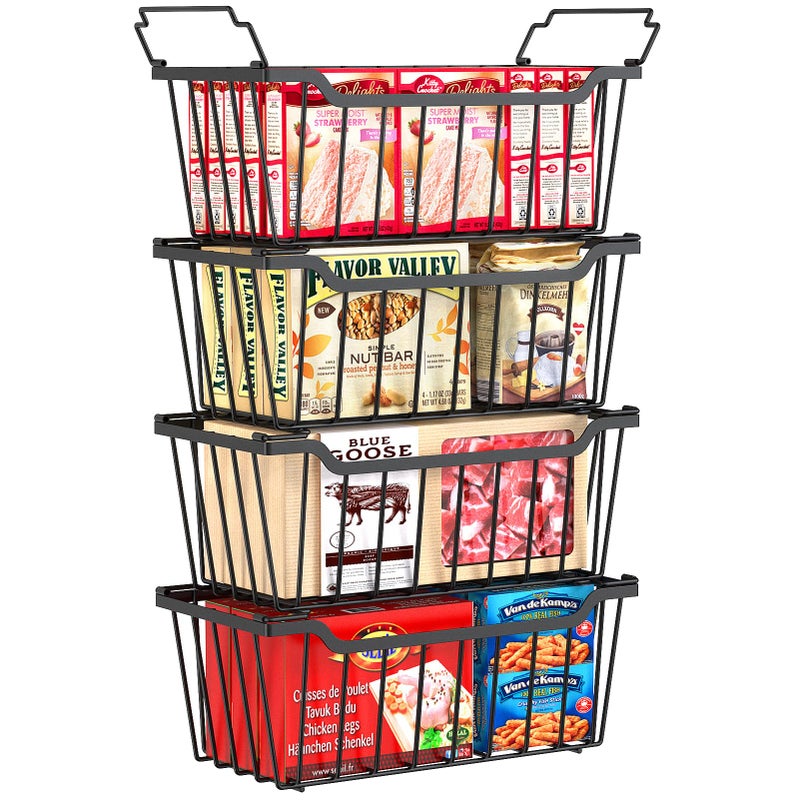 SUNALLY Freezer Organizer Bins  4 Pack Stackable Chest Freezer Organizer for 5-7 Cu.FT Deep Freezer Sort Frozen Meats and Food  Freezer Storage Baskets with Handles Easy Reach from Bottom  Black - Image 1